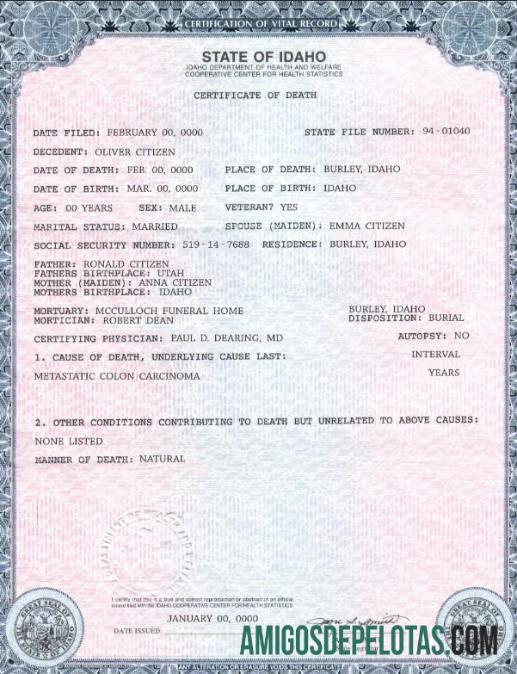 Em branco modelo de certidão de óbito do estado dos EUA Idaho em formato PSD